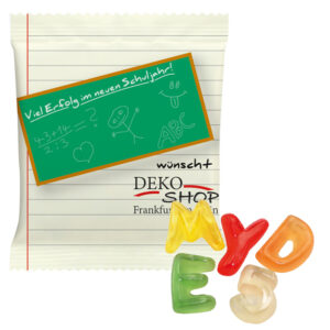 Haribo Fruchtgummi Buchstaben-Mix als Bärenschule in Werbetüte 10g mit Logo individuell bedruckt als Werbeartikel.