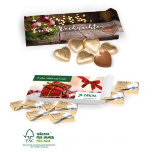 Lindt Schokolade als Herzen oder Täfelchen in Werbebox individuell mit Logo bedruckt als Werbeartikel.