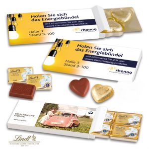 Lindt Schokolade als Herzen oder Täfelchen in einer individuell bedruckten Werbebox als Werbeartikel.