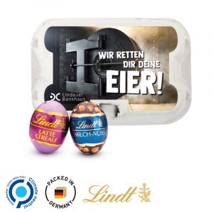 Ostereier Sixpack mit Lindt Ostereier mit Werbeetikett als Werbeartikel.