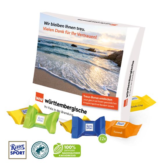 Ritter Sport Schoko Würfel in Präsentbox mit Logo individuell bedruckt als Werbeartikel.