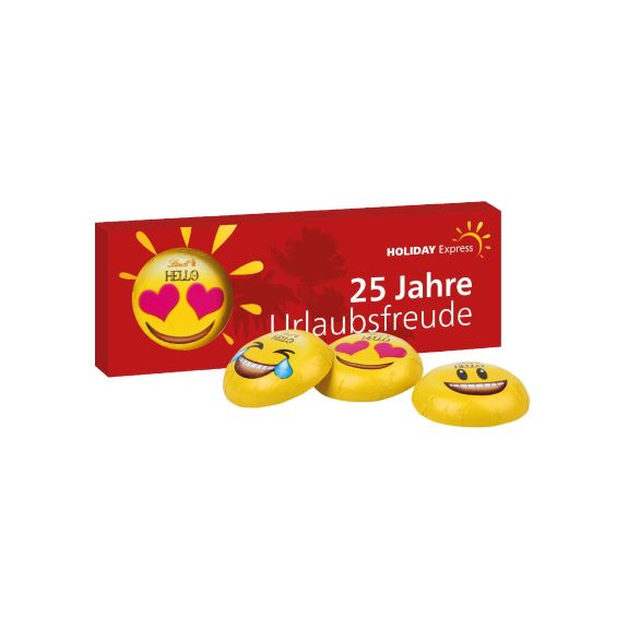 Lindt Hello Mini Emoti in Werbebox mit Logo bedruckt als Werbegeschenk.