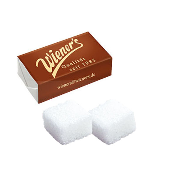 Zuckerwürfel bedruckt mit Logo verpackt zu 2 Zuckerwürfel als Werbeartikel.