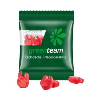 Gummibärchen Sonderform in individuell mit Logo bedruckter Werbetüte als Werbeartikel.