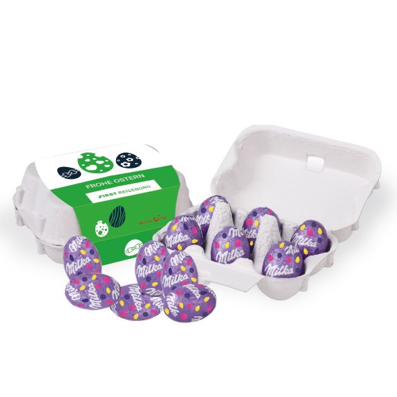 Die Milka Ostereier sind zu 6 Stück verpackt in einem Eierkarton aus Pappe. Die Eierverpackung ist mit einer Banderole versehen, die individuell bedruckt werden kann.