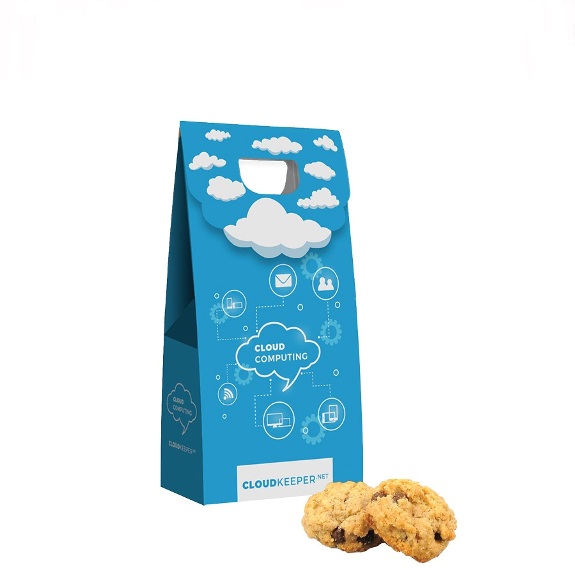 50g Haferflocken Mini Kekse in Werbebox verpackt als Standbeutel. Der Standbeutel wird individuell bedruckt mit Logo.