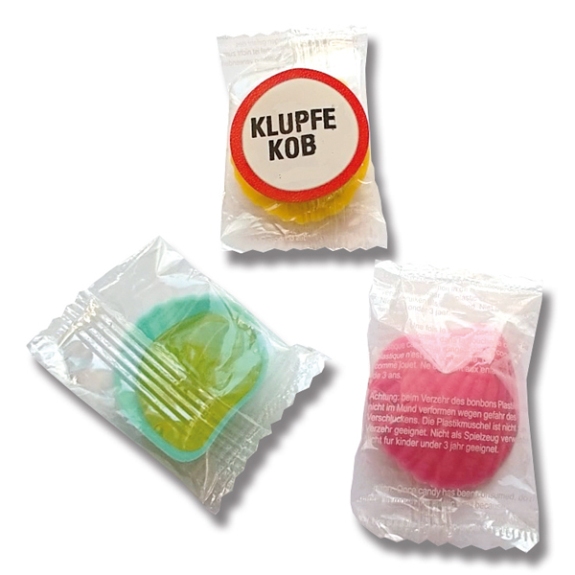 Schleckmuscheln mit Werbe-Etikett individuell mit Logo bedruckt. Einzeln verpackt in transparenter Folie.