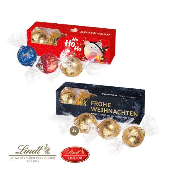 Präsentbox mit Lindor Pralinés individuell mit Logo bedruckt als Werbeartikel.
