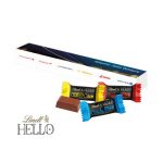 3 Stück Lindt Hello Mini Sticks in der Werbekartonage individuell bedruckt als Werbeartikel.