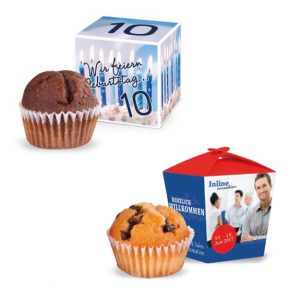 Mini Muffin in Werbe Verpackung individuell bedruckt als Werbegeschenk.