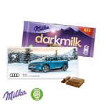 Die Milka darkmilk Tafel gibt es in 3 Sorten. Die Milka Tafel ist verpackt in einer Faltschachtel mit individuellem Druck.