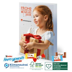 Adventskalender mit Kinder Schokolade und individuell bedruckt mit Firmenlogo als Werbeartikel.
