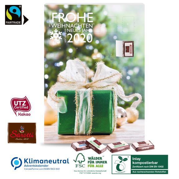Adventskalender mit Sarotti Fairtrade Schokolade individuell bedruckt mit Logo als Werbegeschenk.