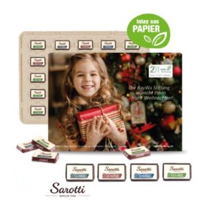 Adventskalender mit Sarotti Schokolade mit Fairtrade Kakao und mit Logo individuell bedruckt als Werbeartikel.