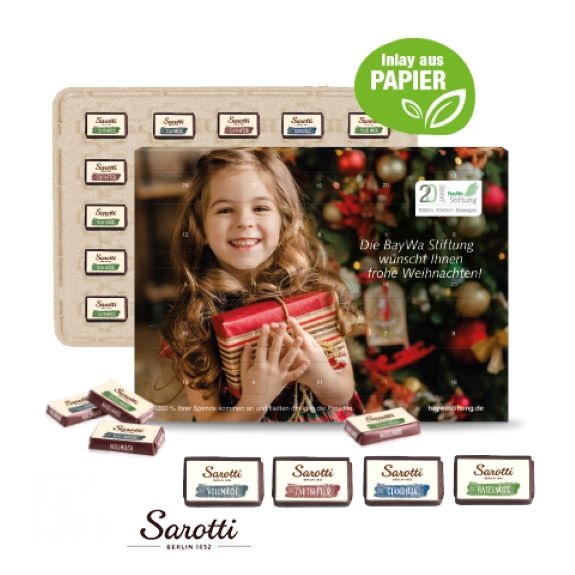 Adventskalender mit Sarotti Schokolade mit Fairtrade Kakao und mit Logo individuell bedruckt als Werbeartikel.