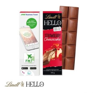 Lindt HELLO Schoko Tafel im Werbeschuber mit Logo individuell bedruckt als Werbeartikel.