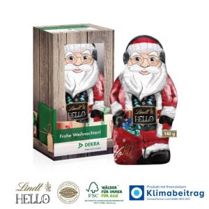 Lindt Hello Weihnachtsmann 140g in individuell bedruckter Werbebox aus Karton als Werbeartikel.