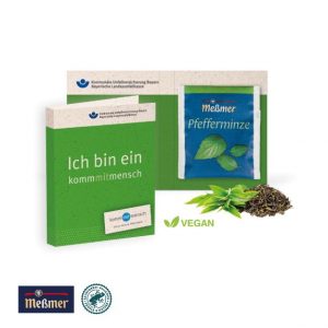 Meßmer Teebeutel in Werbe-Faltkarte oder Klappkarte mit Logo individuell bedruckt als Werbeartikel.