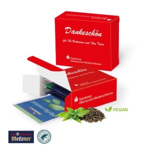 Meßmer Teebeutel in Werbebox mit Logo individuell bedruckt als Werbeartikel.