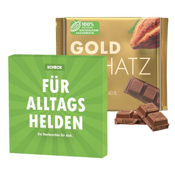 Ritter Sport Tafel in der Sorte "Goldschatz" in Vollmilch mit individuell bedruckter Verpackung als Werbeartikel.