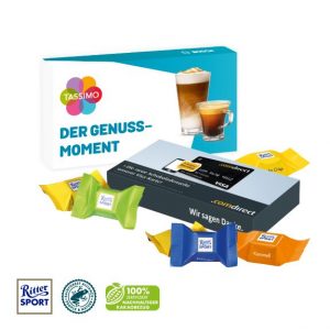 Präsentbox individuell bedrucken mit Logo als Werbeartikel und gefüllt mit Ritter Sport Schokowürfel.