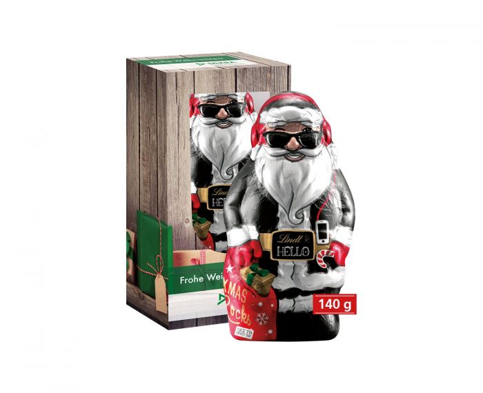 Lindt Weihnachtsmann Lindt HELLO 80 g und 140 g in individuell bedruckter Werbebox aus Karton als Werbeartikel.