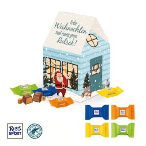 3D Adventskalender Haus mit Ritter Sport Schokowürfel und mit Logo individuell bedruckt als Werbeartikel.