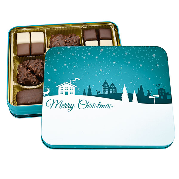 Lebkuchenmischung in Blechdose mit Logo individuell bedruckt als Werbegeschenk.