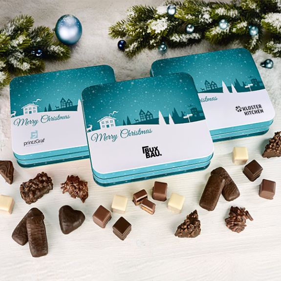 Lebkuchenmischung in Metalldose mit Logo individuell bedruckt als Werbegeschenk.