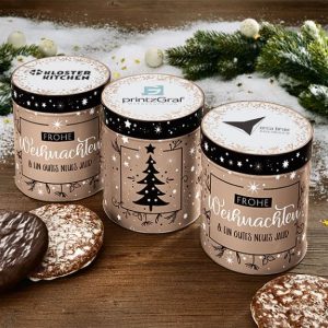 Nürnberger Elisen-Lebkuchen in Metalldose mit Logo bedruckt als Werbeartikel.