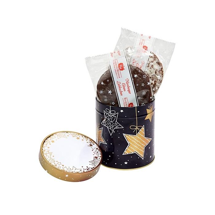 Nürnberger Elisen-Lebkuchen in der Blechdose mit Logo bedruckt als Werbeartikel.