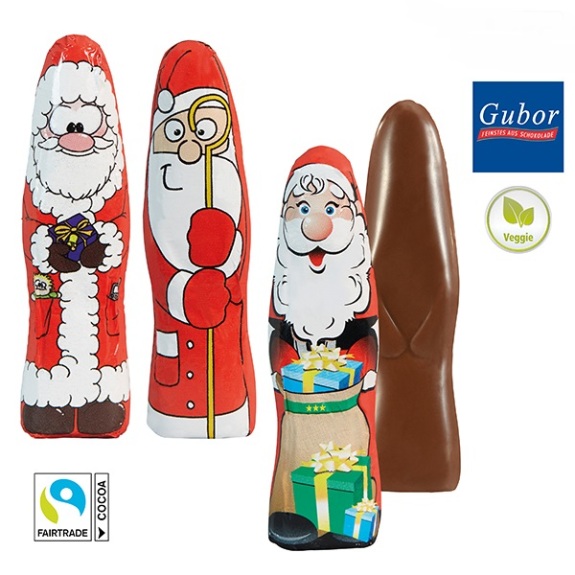 Schoko Weihnachtsmann flach der Marke Gubor aus 6g Vollmilchschokolade. 3 Standardmotive sind bunt gemischt verpackt.
