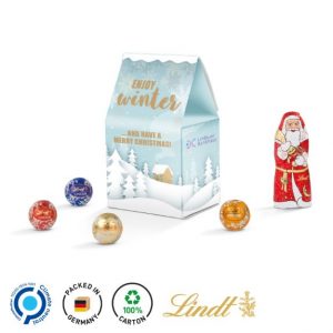 Lindt Weihnachtshaus individuell bedruckt und mit Lindor Kugeln und Lindt Weihnachtsmann gefüllt als Werbeartikel.