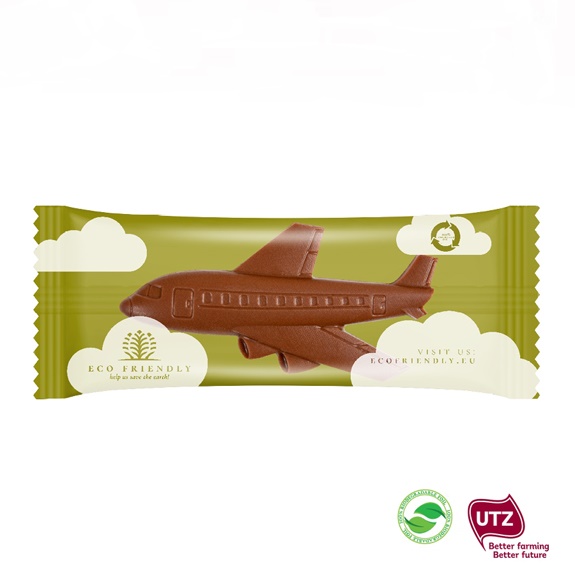 Schokoladen Flugzeug in Werbetüte mit Logo individuell bedruckt.