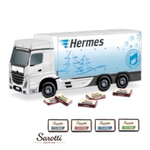 3D Adventskalender LKW mit Fairtrade Sarotti-Täfelchen gefüllt und mit Logo individuell bedruckt als Werbeartikel.
