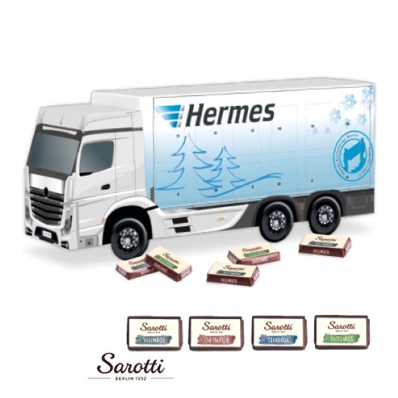 3D Adventskalender LKW mit Fairtrade Sarotti-Täfelchen gefüllt und mit Logo individuell bedruckt als Werbeartikel.