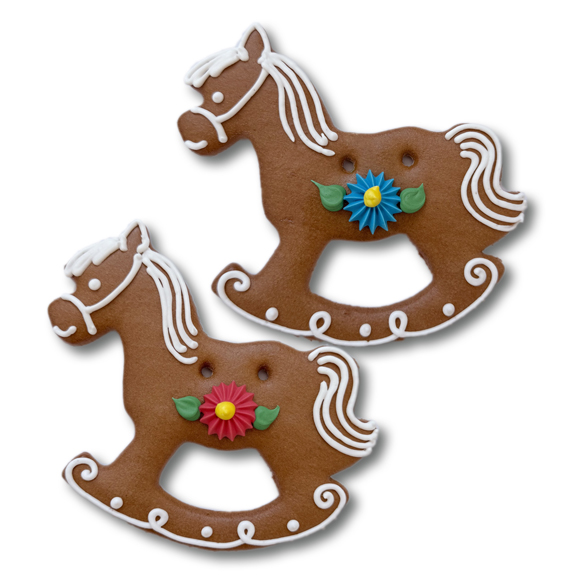 Lebkuchen-Schaukelpferd mit Verziehrung und mit Logo individuell bedruckt als Werbeartikel.