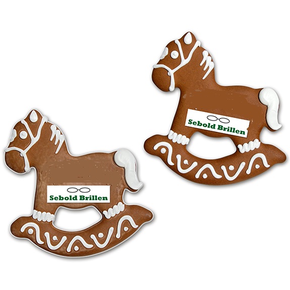 Lebkuchen Schaukelpferd mit Logo indivdiduell bedruckt als Werbeartikel.