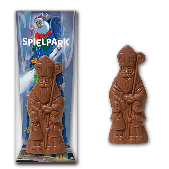 nikolaus mit logo aus schokolade mit werbekarte