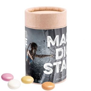 Papierdose Eco midi mit Süßigkeiten befüllt und individuell bedruckt mit Logo als Werbeartikel.