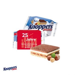 Knoppers im Werbeschuber mit Logo individuell bedrucken als Werbeartikel.