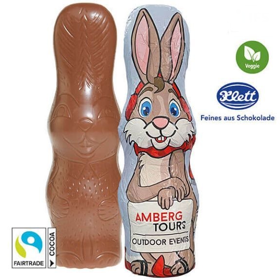 Klett Schoko Osterhase 40 g individuell bedrucken mit Ihrem Logo als Werbegeschenk.