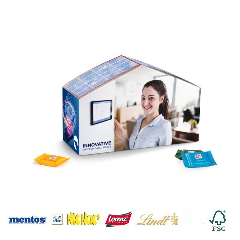 Haus mt Süßigkeiten individuell bedruckt mit Ihrem Logo als Werbeartikel.