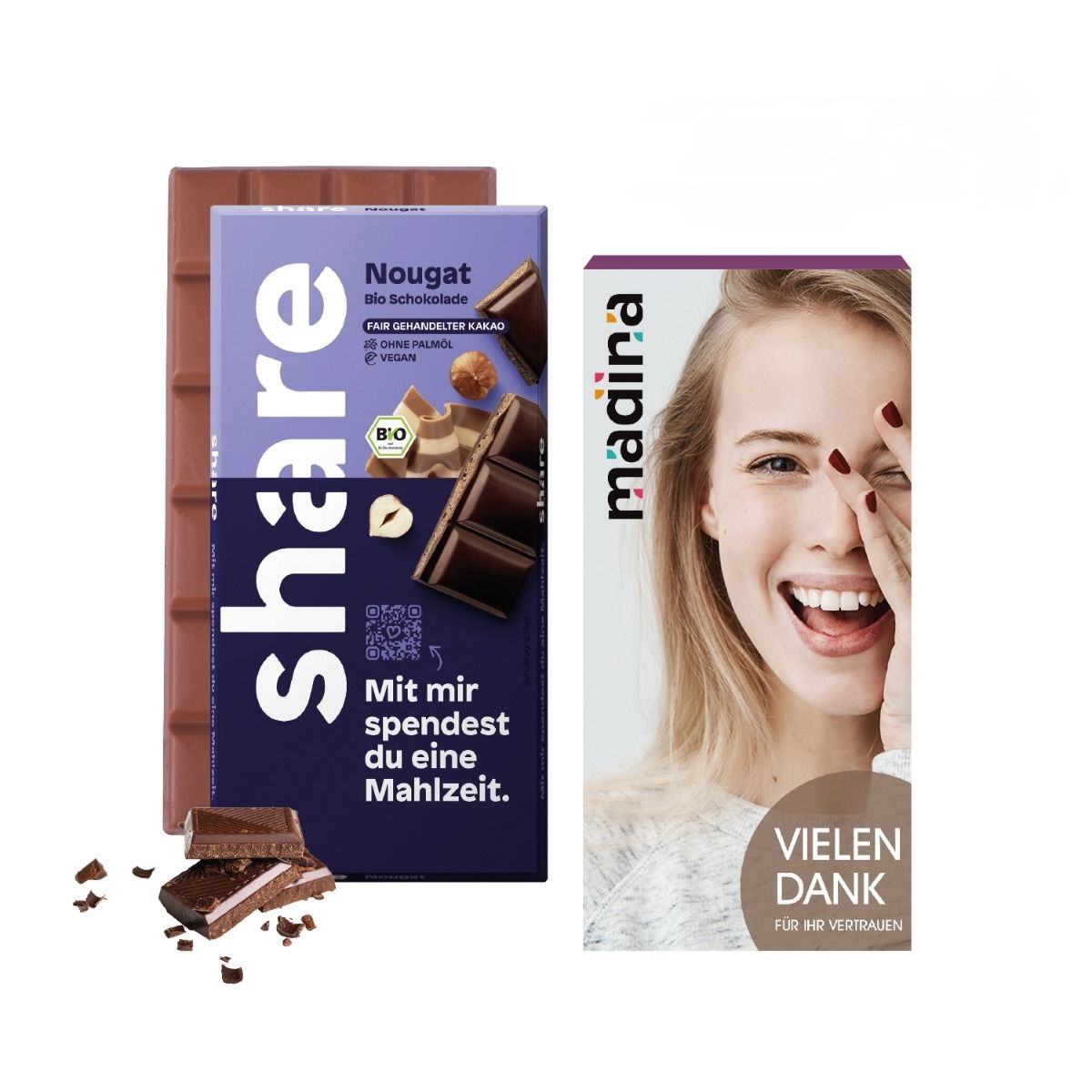 Share Schoko Tafel mit Werbeschuber und individuell bedruckt mit Logo als Werbeartikel.