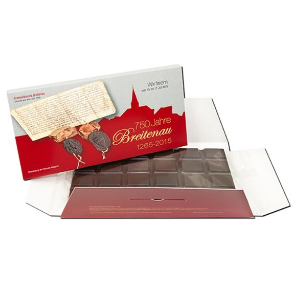Tafel Schokolade in Werbebox individuell bedruckt als Werbeartikel in kleiner Menge.