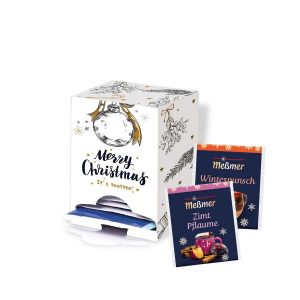 Messmer Teebeutel verpackt zu 14 Stück in einer individuell bedruckten Werbebox als Give away.