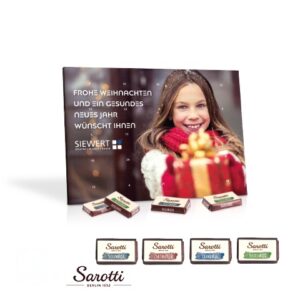 Tisch-Adventskalender mit Sarotti Schokolade und mit Fairtrade Kakao individuell mit Logo bedruckt als Werbeartikel.