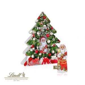 Lindt Weihnachtsmann im individuell mit Ihrem Logo bedruckten Werbeaufsteller als Werbeartikel.