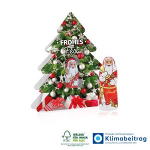 Lindt Weihnachtsmann im Werbeaufsteller als Tannenbaum mit individuellem Druck als Werbeartikel.