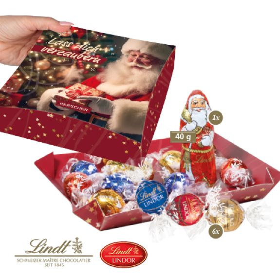 Lindt Weihnachtsmischung in der Werbekartonage mit Logo individuell bedruckt als werbeartikel.